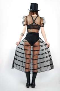 Vtg 30s Black SHEER Goth RIBBON Stripe A Line PUFF SLEEVE Midi Dress 
