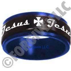 Christian Ring ~ Jesus w/ Cross Black/Blue ~ Spinner Stainless Steel 