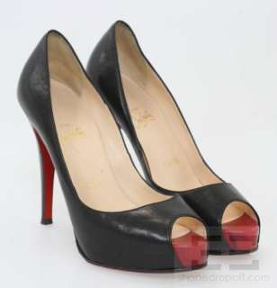 Christian Louboutin Black Leather & Red Peep Toe Platform Heels Size 