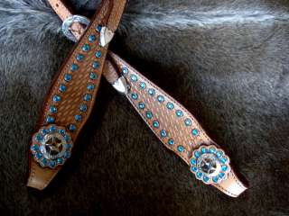 HORSE BRIDLE WESTERN LEATHER HEADSTALL TAN TURQUOISE BLING STAR RODEO 