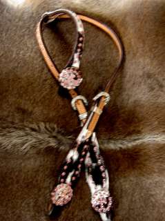 HORSE BRIDLE WESTERN LEATHER HEADSTALL TACK PINK BLING HAIRON CROSS 