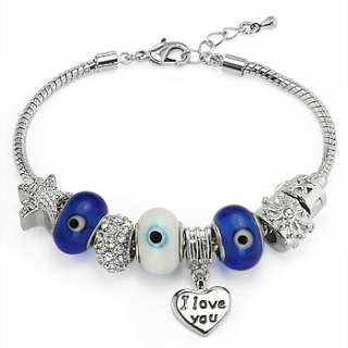 Eye European Charm Glass Bead Turkish Nazar Greek Hamsa Bracelet Blue 