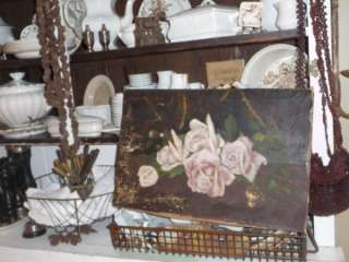 Stunning Shabby Antique Blush Pink ROSES OIl PAINTING Canvas 1890s 