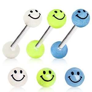 : 316L Surgical Steel Barbell with Green Glow in the Dark Smiley Face 