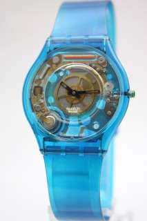 New Swatch Swiss Blue Jelly Skin Skeleton Dial Watch 34mm SFN105 $110 