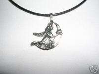 WITCH RIDING HER BROOMSTICK PEWTER PENDANT ADJ NECKLACE  