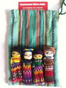 GUATEMALAN WORRY DOLL   TEXTILE BAG   LARGE   4 DOLLS  