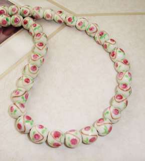 Handmade Lampwork Glass White Round Beads Pink Rose 10mm (#r25)  
