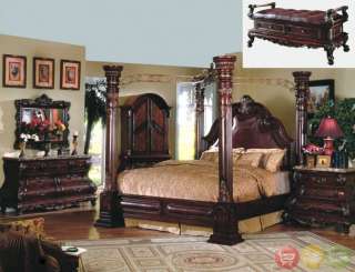 King Cherry Poster Canopy Bed w/ Leather Master Bedroom set w/ Marble 