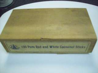 VINTAGE WOODEN BOX RED & WHITE COCOANUT STICKS  
