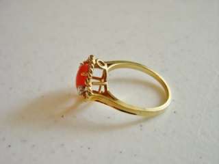 Vintage 18K Yellow Gold Coral and Diamond Ring, Designer Signed, Size 