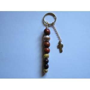   Handcrafted Bead Key Fob   Brown, Gold*/Gold*/ Cross 