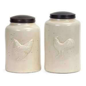 Set of 2 Lidded Ceramic Kitchen Canisters with Rooster Design:  