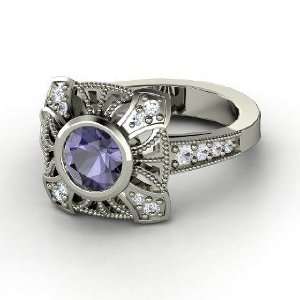  Chevalier Ring, Round Iolite Palladium Ring with Diamond 