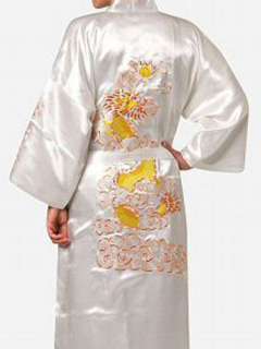 FREE SHIPPING White Chinese Mens/Womens kimono robe gown with Dragon 