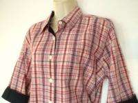 Sz XL Christopher & Banks red navy plaid top shirt blouse 3/4 sleeve 