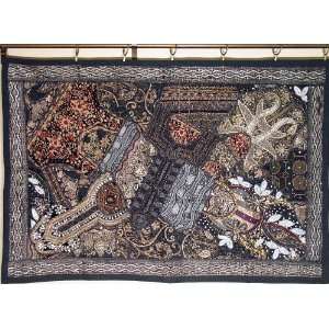   Black Moti Indian Throw Wall Art Sari Tapestry Hanging: Home & Kitchen