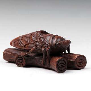   Carved Boxwood Wood Netsuke Carving Sculpture Cicada On Wood  