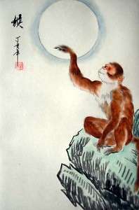 Oriental asian art chinese silk painting Monkey&Moon 6  