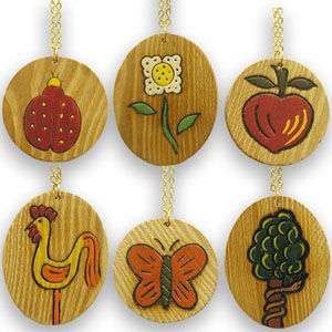Vintage Wooden Necklace 70s Apple Butterfly Daisy Tree  