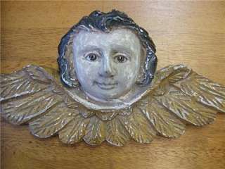 Hand carved wooden angel putti head wings glass eyes Decorative accent 