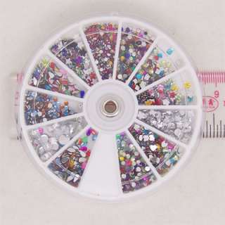 12 Colors Nail Art Tips Many Shapes Glitter Rhinestones with Wheel 