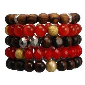 Layers made of Wood, Glass and Beads Stretchable Bracelet. Brown 