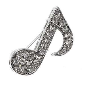   Brooches   Silver Colored with Clear Crystal   Small Music Note Brooch