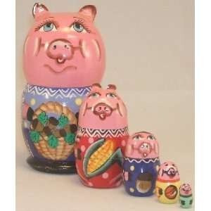    5 Piece Pig Family Russian Wood Nesting Doll