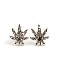   / White Gold Finish Weed Marijuana Cannabis Clear Cz Stud Earrings