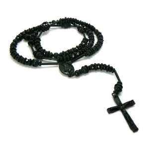   Faux Crystal Beads Rosary w/ Praying Hands And Cross Jet Black HR200BK