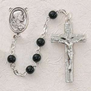 Black Glass Bead Rosary Sterling Cross & Centerpeice w/Sacred Heart 