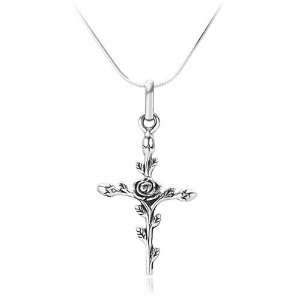   Silver Vintage Rose Flower Cross Pendant Necklace 18 Jewelry