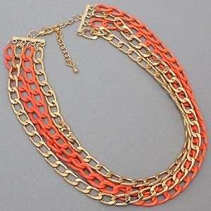 Chunky Layered Gold Tone and Coral Orange Chains Necklace and Earrings 
