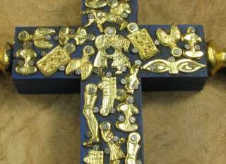   MEXICAN FOLK ART  BLUE  WOODEN CROSS WITH GOLD TONE MILAGROS!  