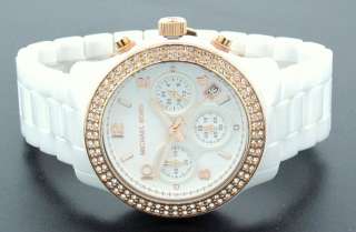 New Michael Kors Ladies White Ceramic Rose Gold Crystal Chronograph 