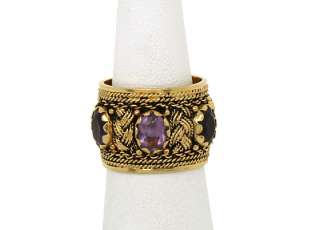INTRICATE VINTAGE 14K GOLD & AMETHYST WIDE BAND RING  