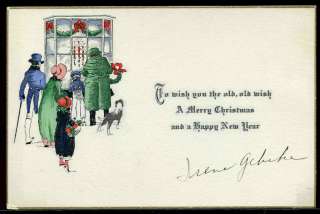   Art Deco Motto Christmas Card People w/ Gifts Candles in window  