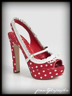 NIB New GUESS Red Polka Dot KUTIE Peep Toe Satin Slingback Pumps Shoes 