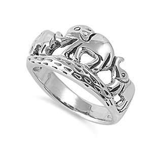 Rhodium Plated Sterling Silver 12mm Elephant Ring (Size 5   10)   Size 