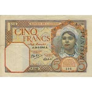  Collectible Algerian Tunisian Bank Note Five Francs Issued 