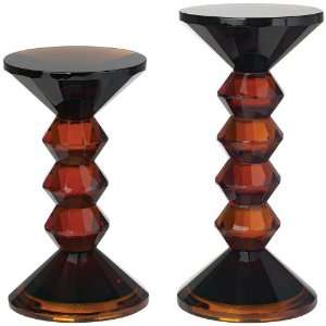    Set of Two Amber Crystal Pillar Candle Holders
