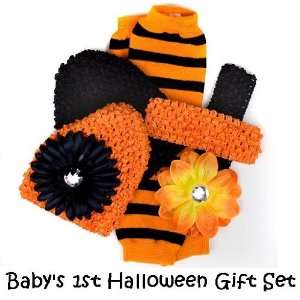  Gift Set in Orange Black, Leg Warmers Hats Headbands & Flowers Baby