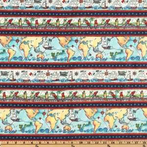   Treasure Map Stripe Blue Fabric By The Yard Arts, Crafts & Sewing