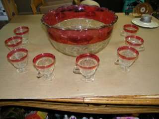 VINTAGE KINGS CROWN RUBY RED FLASH OVAL THUMPRINT PUNCHBOWL PUNCH BOWL 