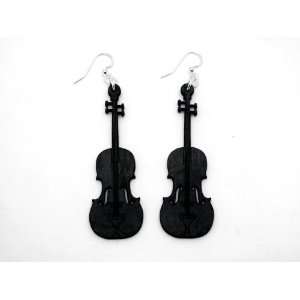  Black Satin Violin String Instrument Wooden Earrings GTJ 