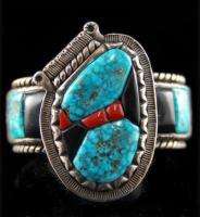 Vintage Old Pawn Navajo Sterling Silver Turquoise Coral Onyx Cuff 