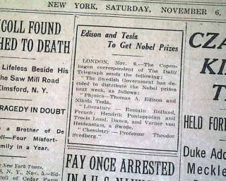 1915 NIKOLA TESLA Thomas Edison Nobel Prize ? Newspaper  
