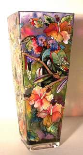   Lovebirds and Hibiscus Flowers Hand Painted on Tall Glass Vase