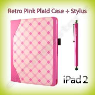 Retro Pink Plaid Case w/ Hand Strap + Pink Stylus Pen for Apple iPad 2 
